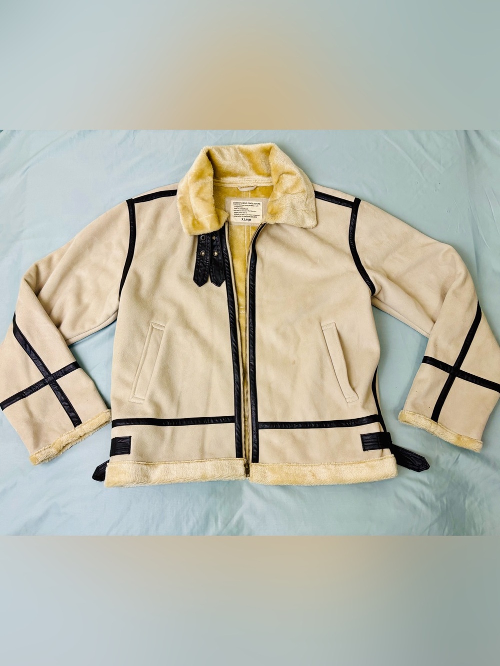 Peace Uniform XL Faux Shearling Aviator Jacket Cream B-3 Flight Bomber Suede
